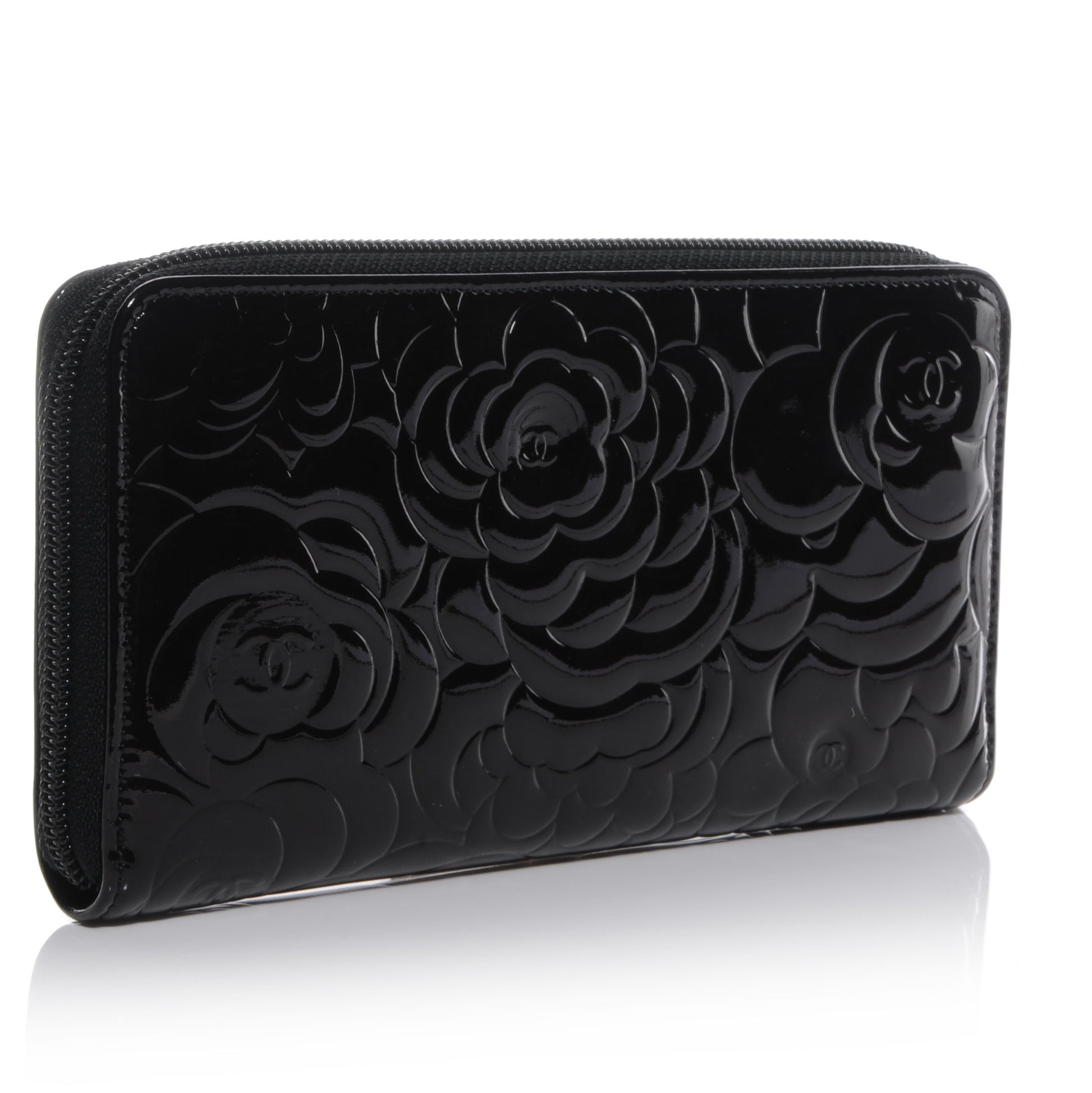 Chanel Patent Camellia Embossed Large Gusset Zip Wallet Black 3 of 9