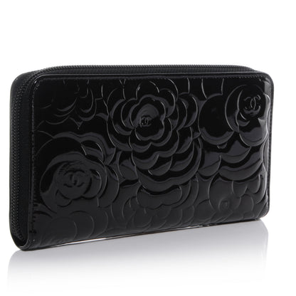 Chanel Patent Camellia Embossed Large Gusset Zip Wallet Black 3 of 9
