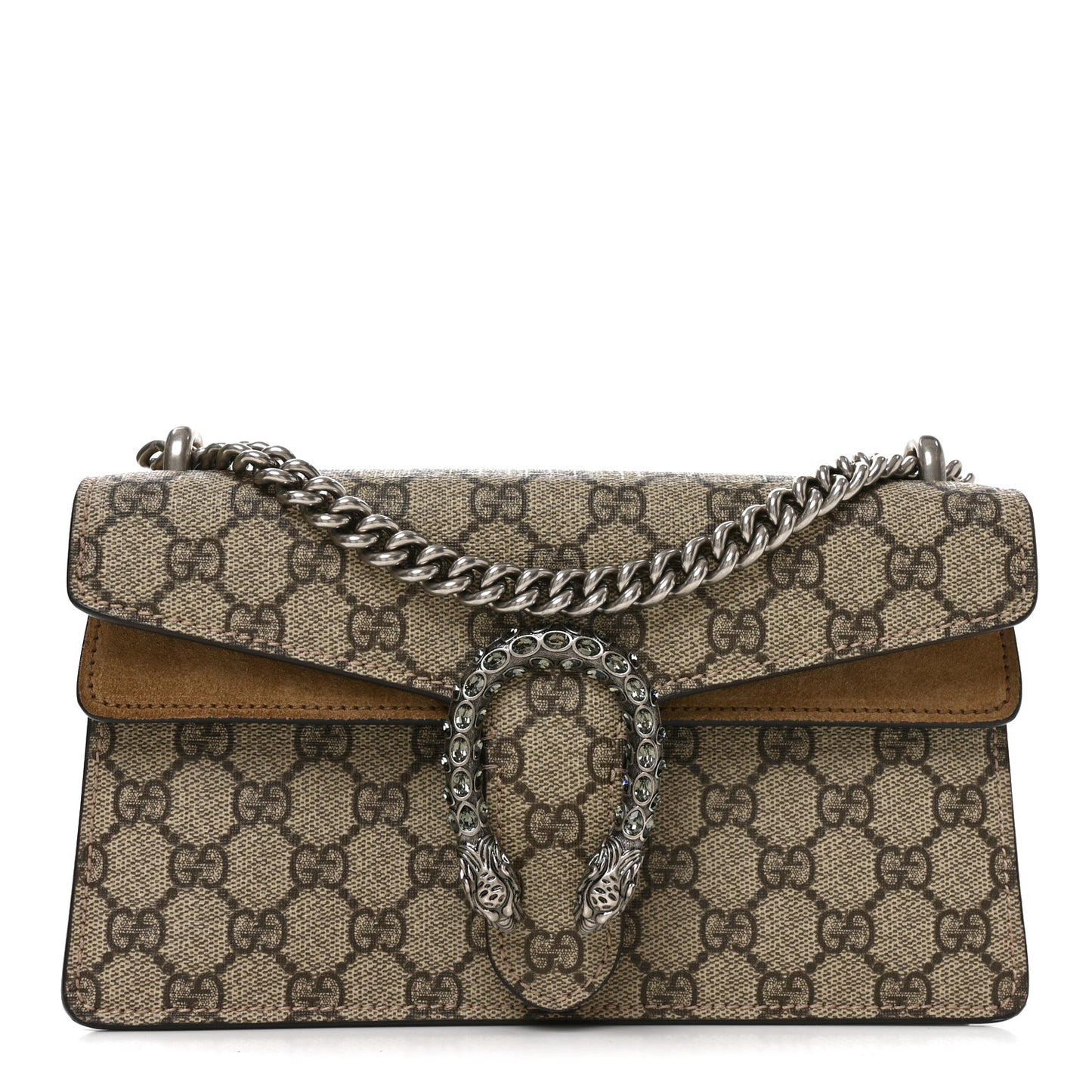 GG Supreme Monogram Suede Crystal Small Dionysus Shoulder Bag Beige Ebony Taupe