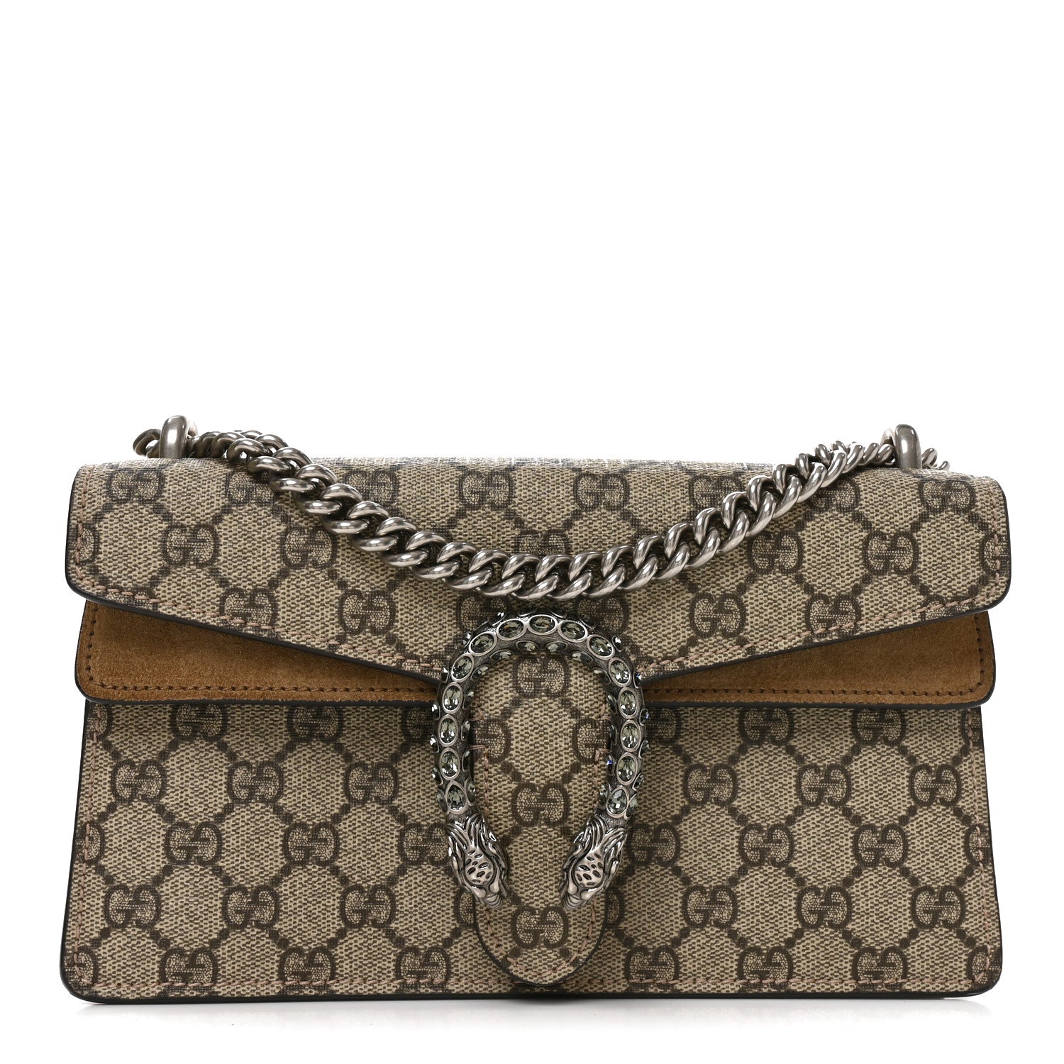 Gucci GG Supreme Monogram Suede Crystal Small Dionysus Shoulder Bag Beige Ebony Taupe 1 of 11
