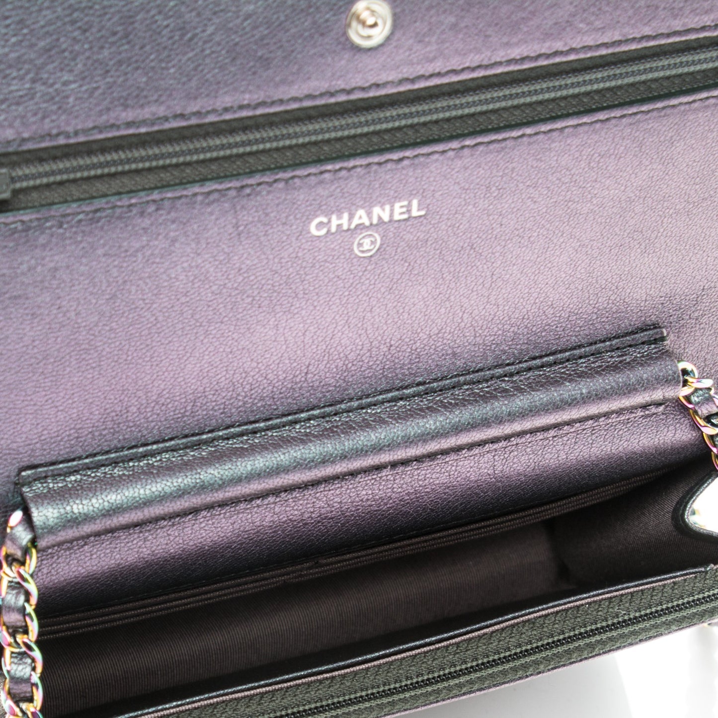 Iridescent Goatskin Quilted Wallet On Chain WOC Purple