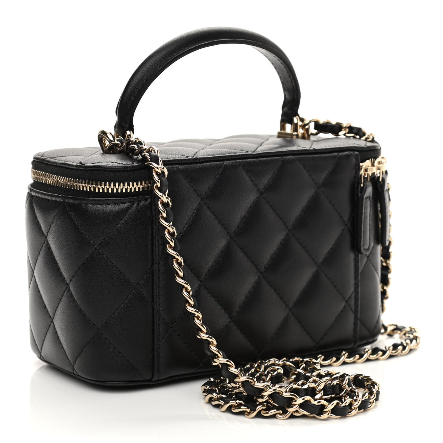 Lambskin Quilted Small Top Handle Vanity Case With Chain Black