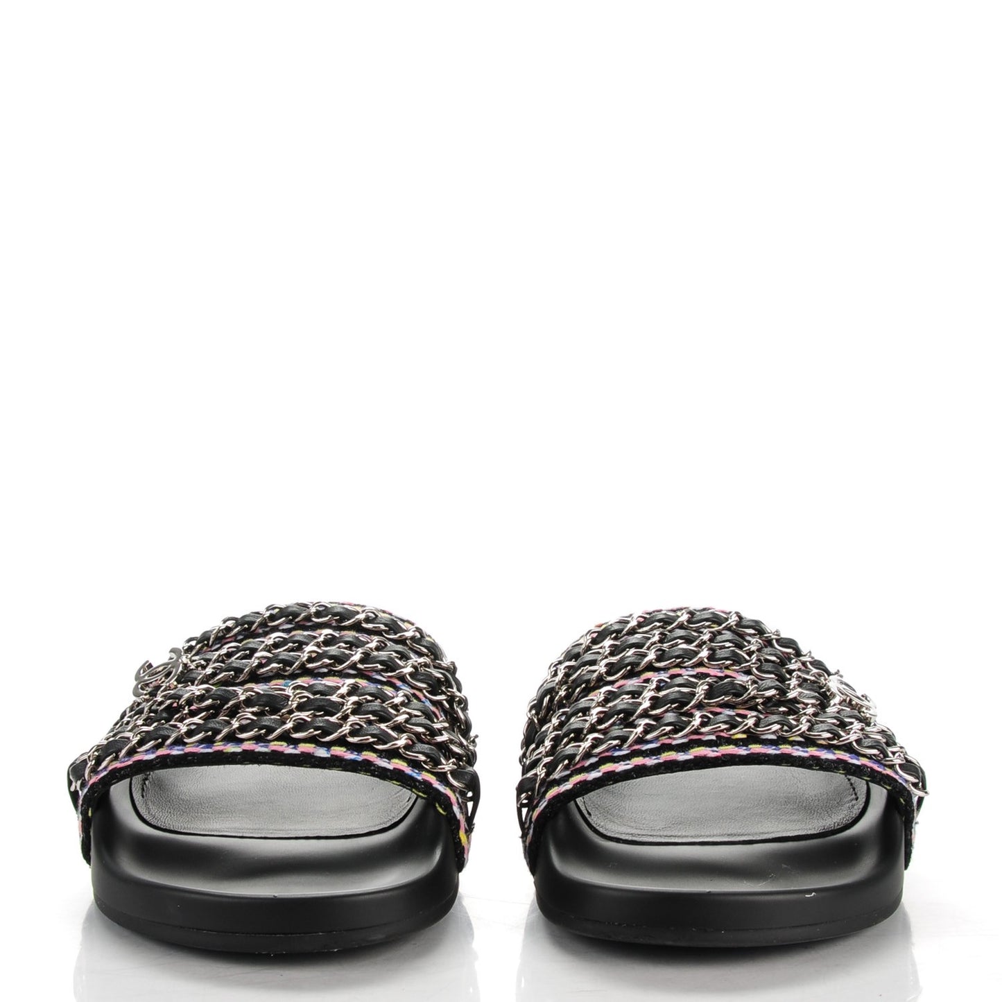 Tweed Lambskin Chain Flat Sandals 37 Black Multicolor