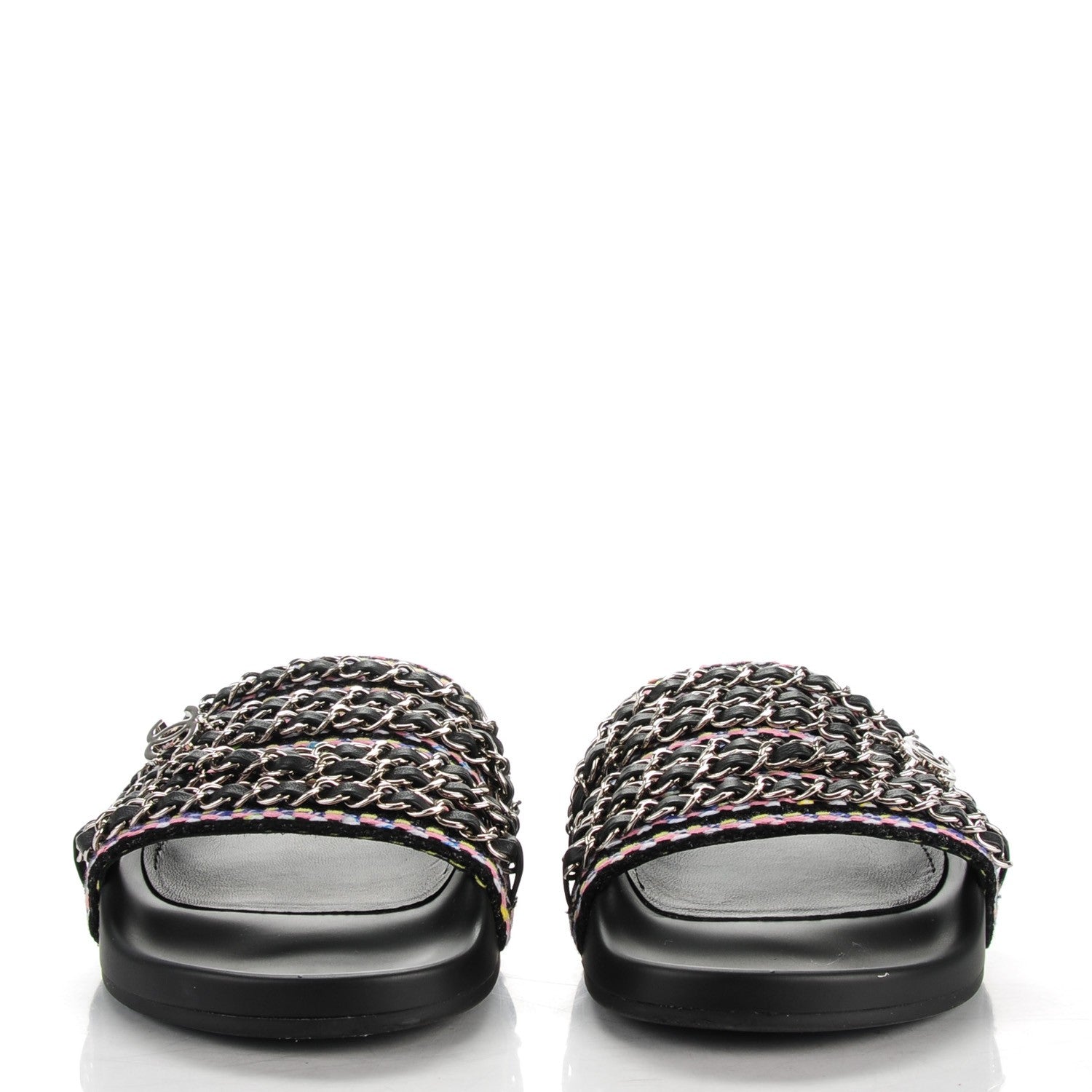 Chanel Tweed Lambskin Chain Flat Sandals 37 Black Multicolor 2 of 9