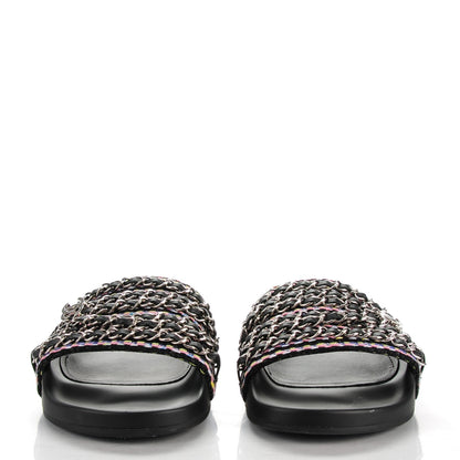 Chanel Tweed Lambskin Chain Flat Sandals 37 Black Multicolor 2 of 9