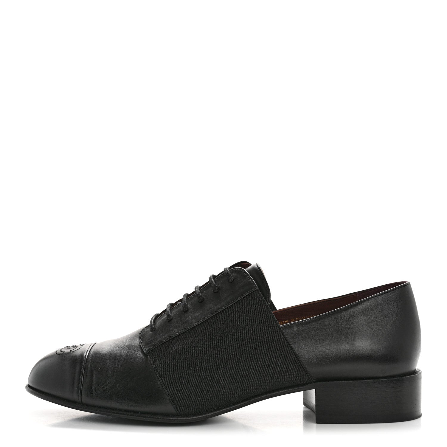 Chanel Calfskin Elastic Lace Up Cap Toe CC Loafers 38.5 Black 1 of 11
