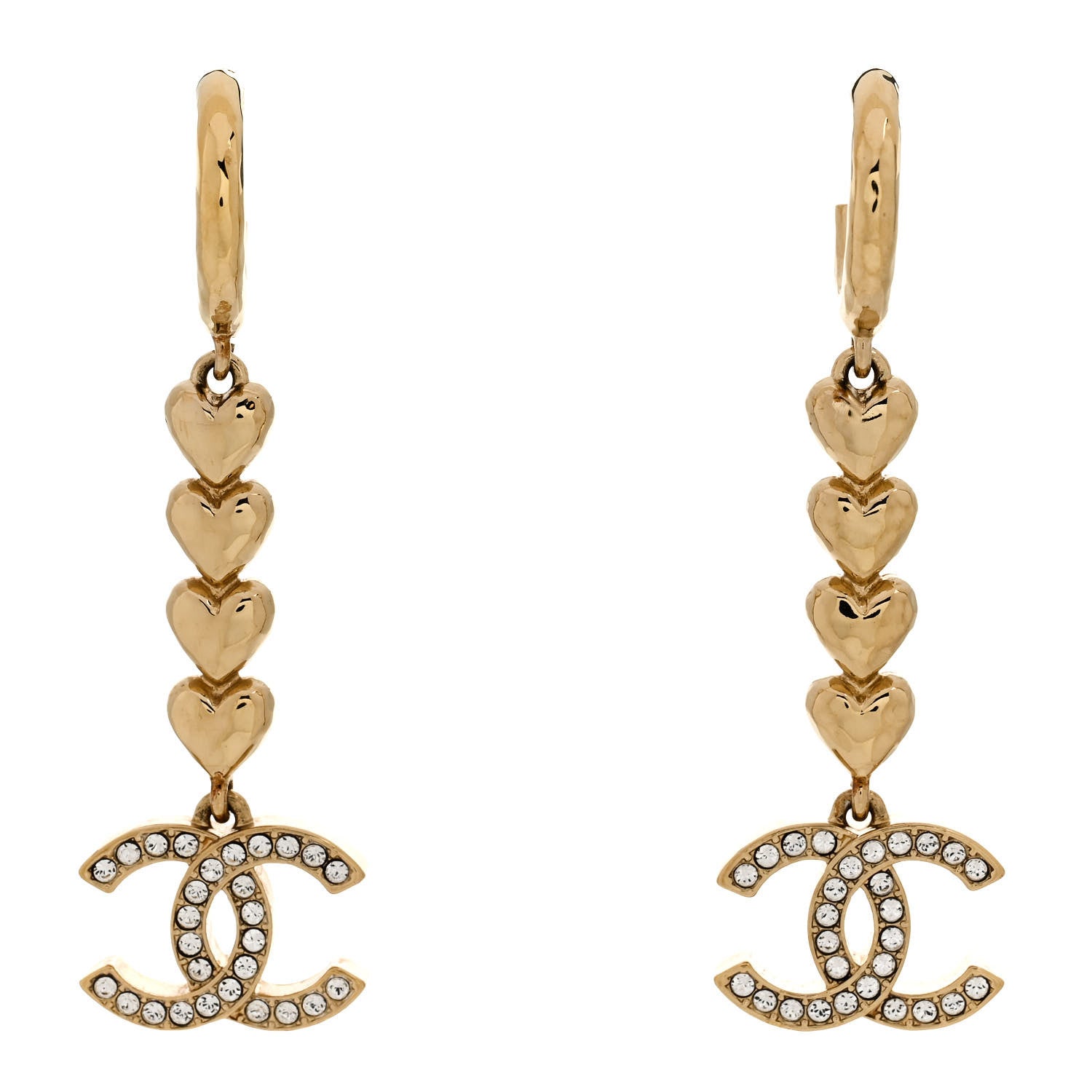 ゆゅ　chan Chanel Metal Crystal CC Heart Hoop Long Drop Earrings Gold