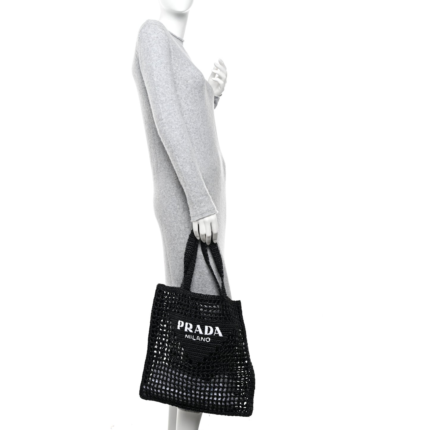Yarn Raffia Effect Crochet Logo Embroidered Tote Bag Black