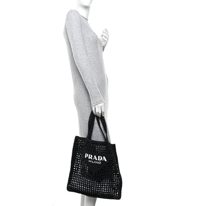 Prada Yarn Raffia Effect Crochet Logo Embroidered Tote Bag Black 2 of 8