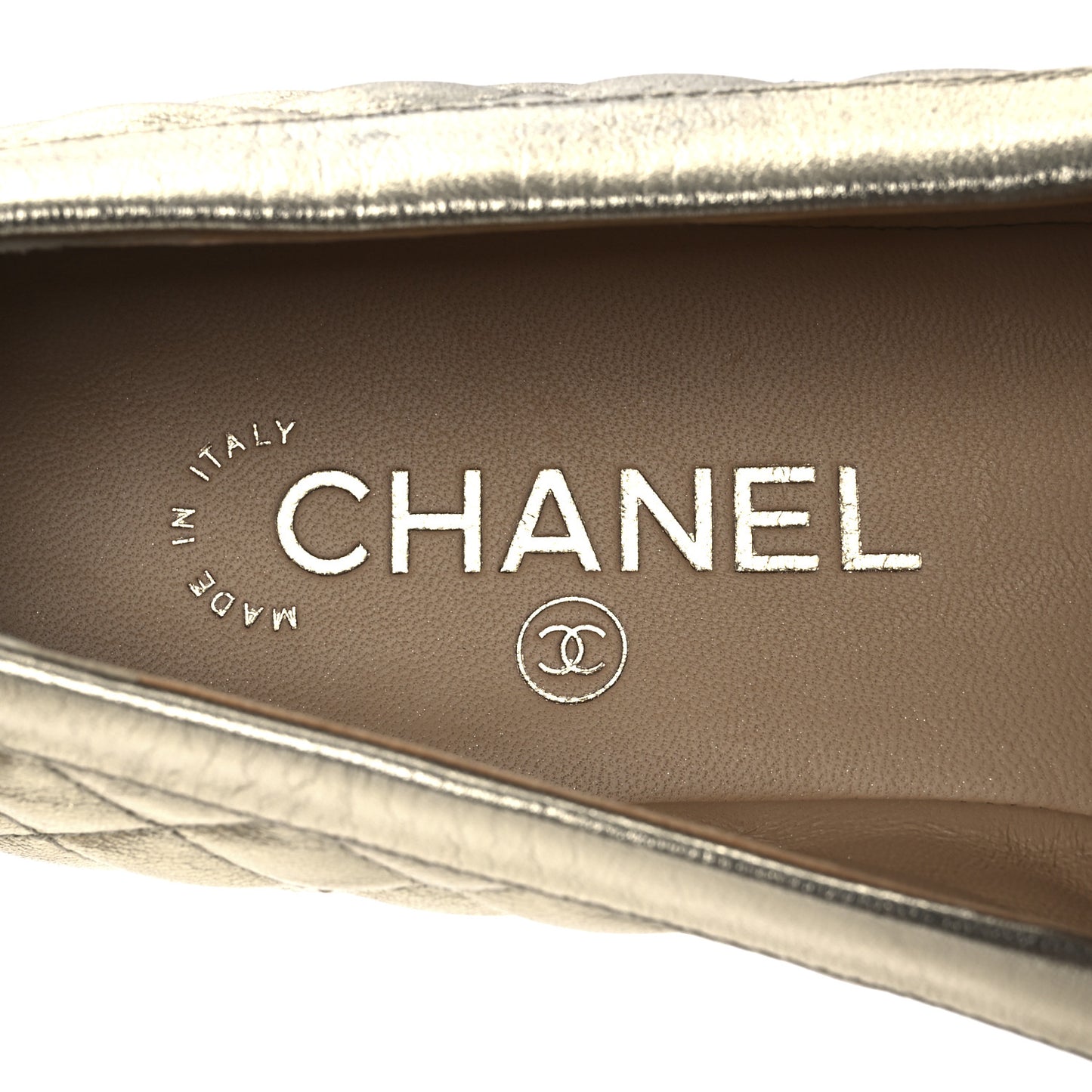 Metallic Lambskin Quilted Womens Chain CC Loafers 39.5 Gold