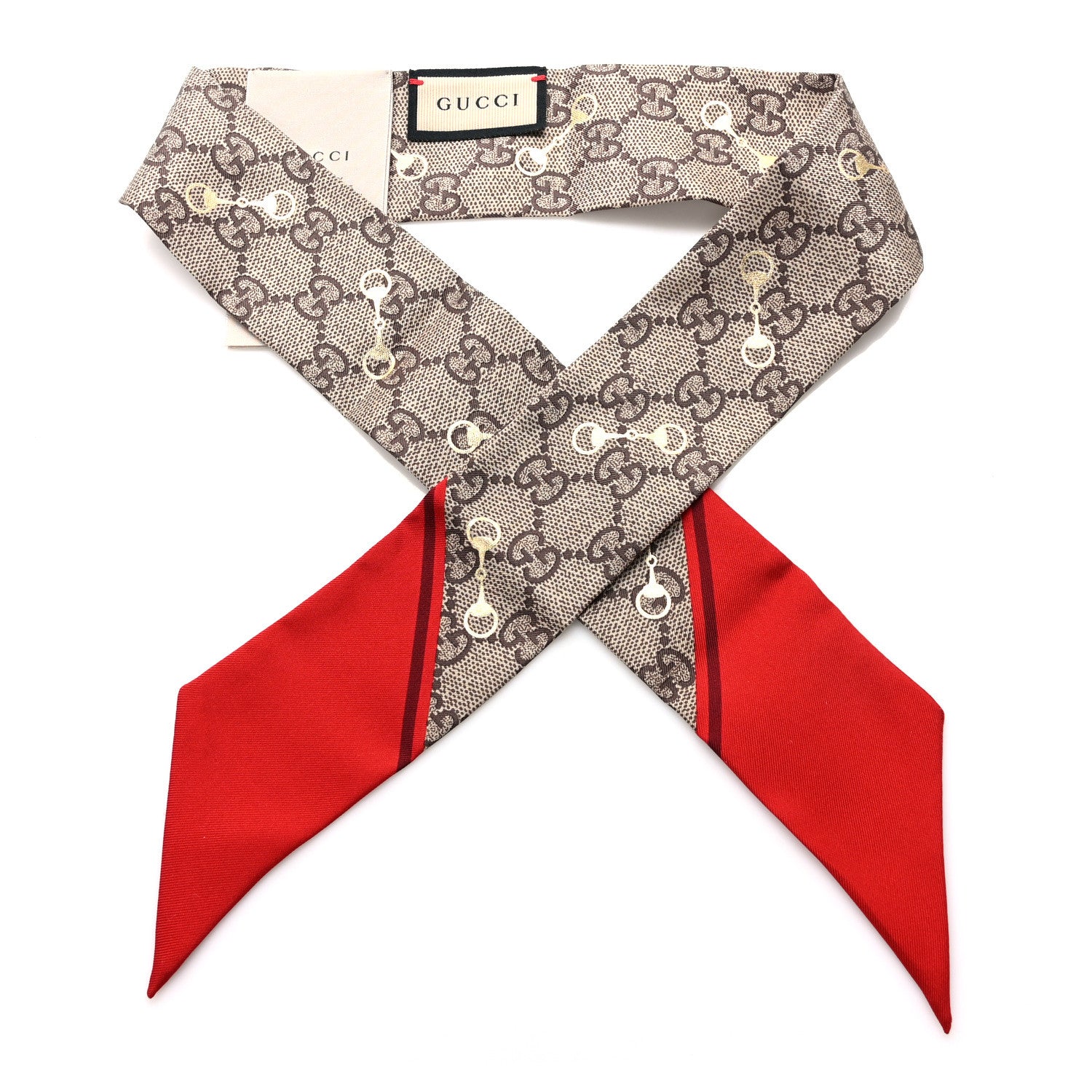 Gucci Silk Twill GG Monogram Gold Horsebity Neck Bow Scarf Flame 1 of 4