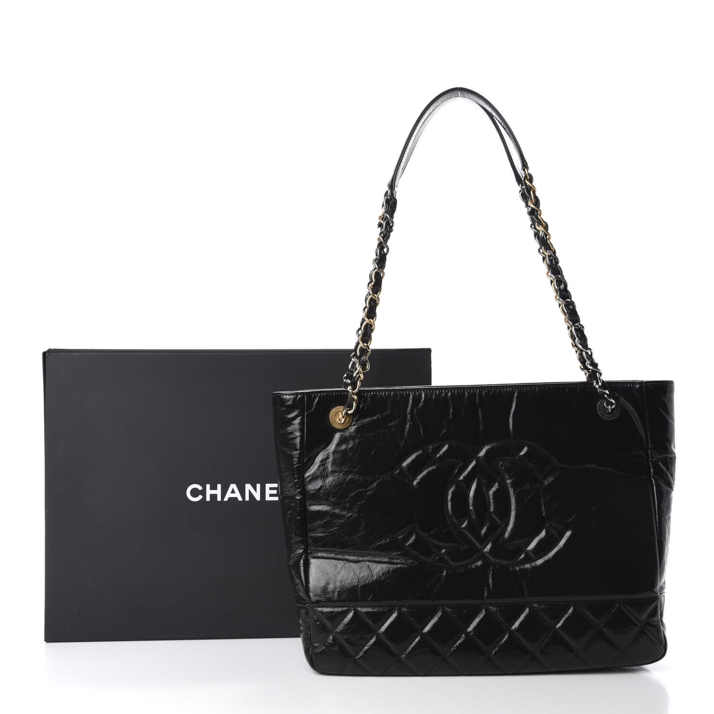 Shiny Aged Calfskin Quilted Small Shopping Bag Black
