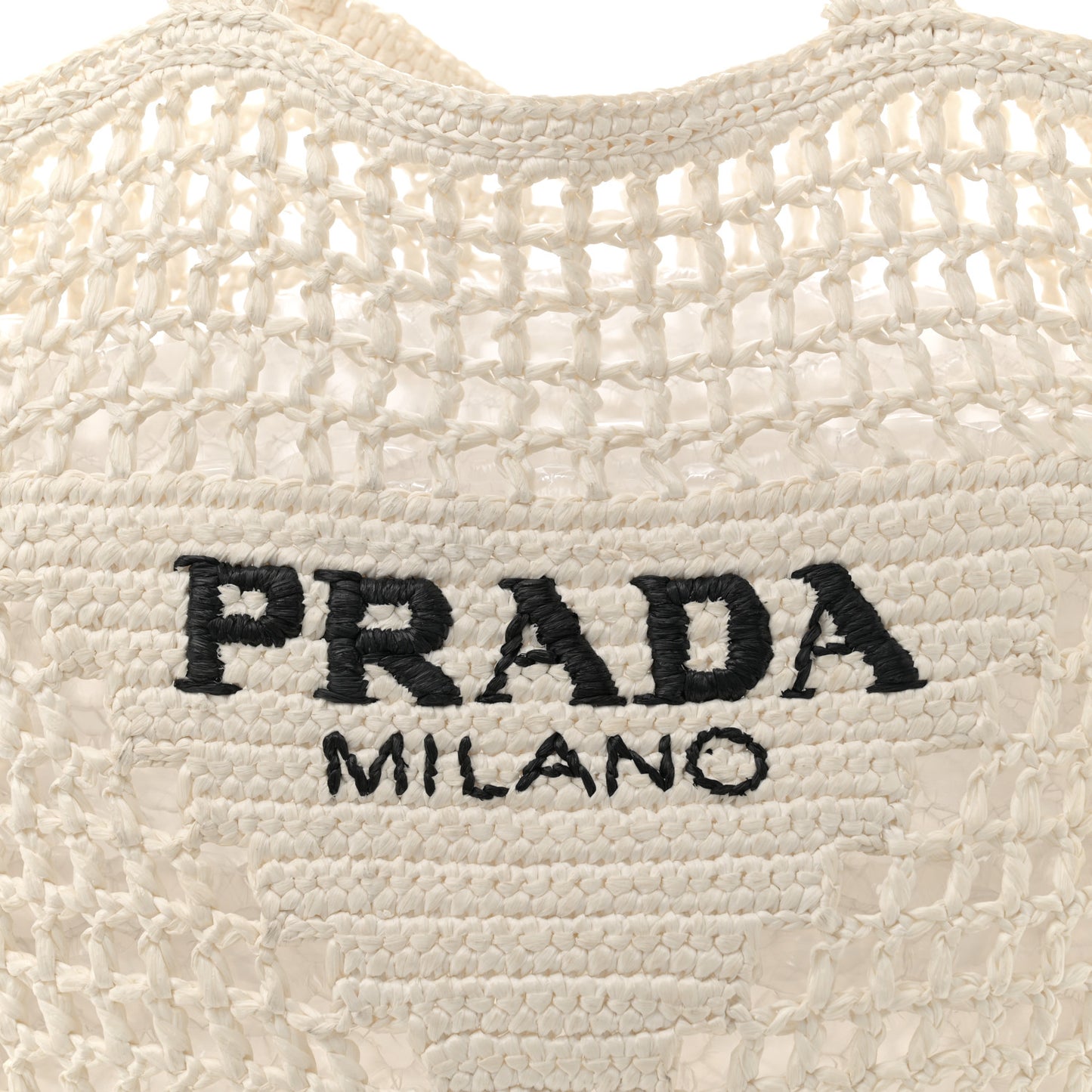 Yarn Raffia Effect Crochet Logo Embroidered Tote Bag White