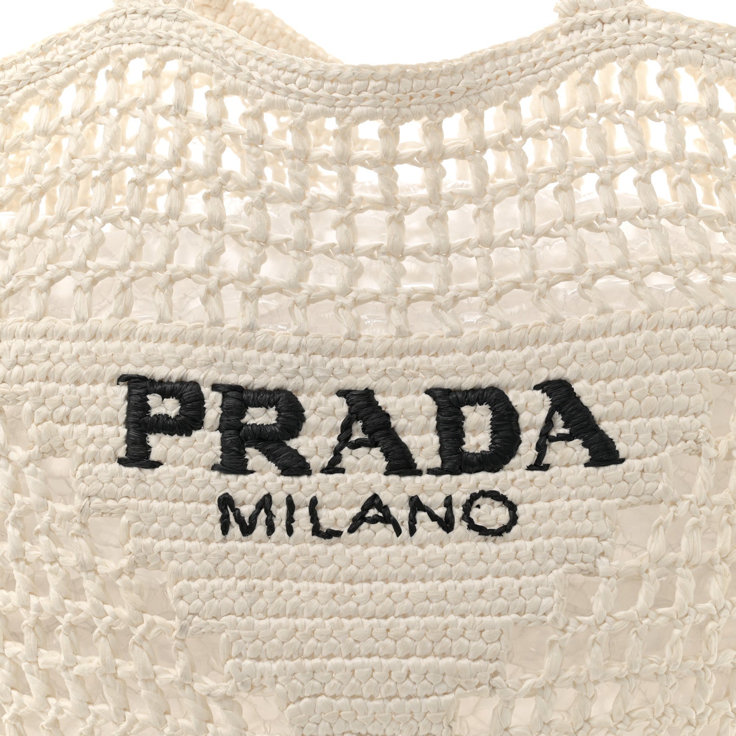 Prada Yarn Raffia Effect Crochet Logo Embroidered Tote Bag White 7 of 12