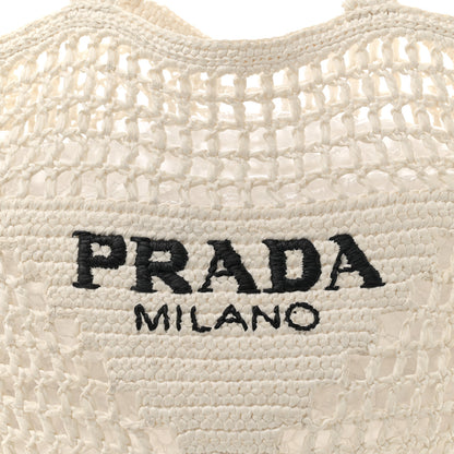 Prada Yarn Raffia Effect Crochet Logo Embroidered Tote Bag White 7 of 12
