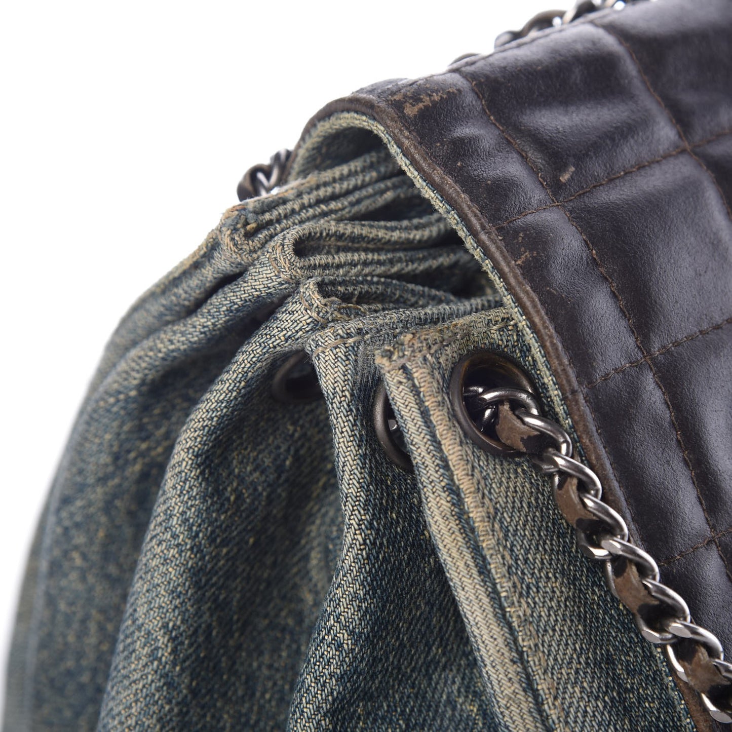 Denim Lambskin Chocolate Bar Accordion Flap Brown