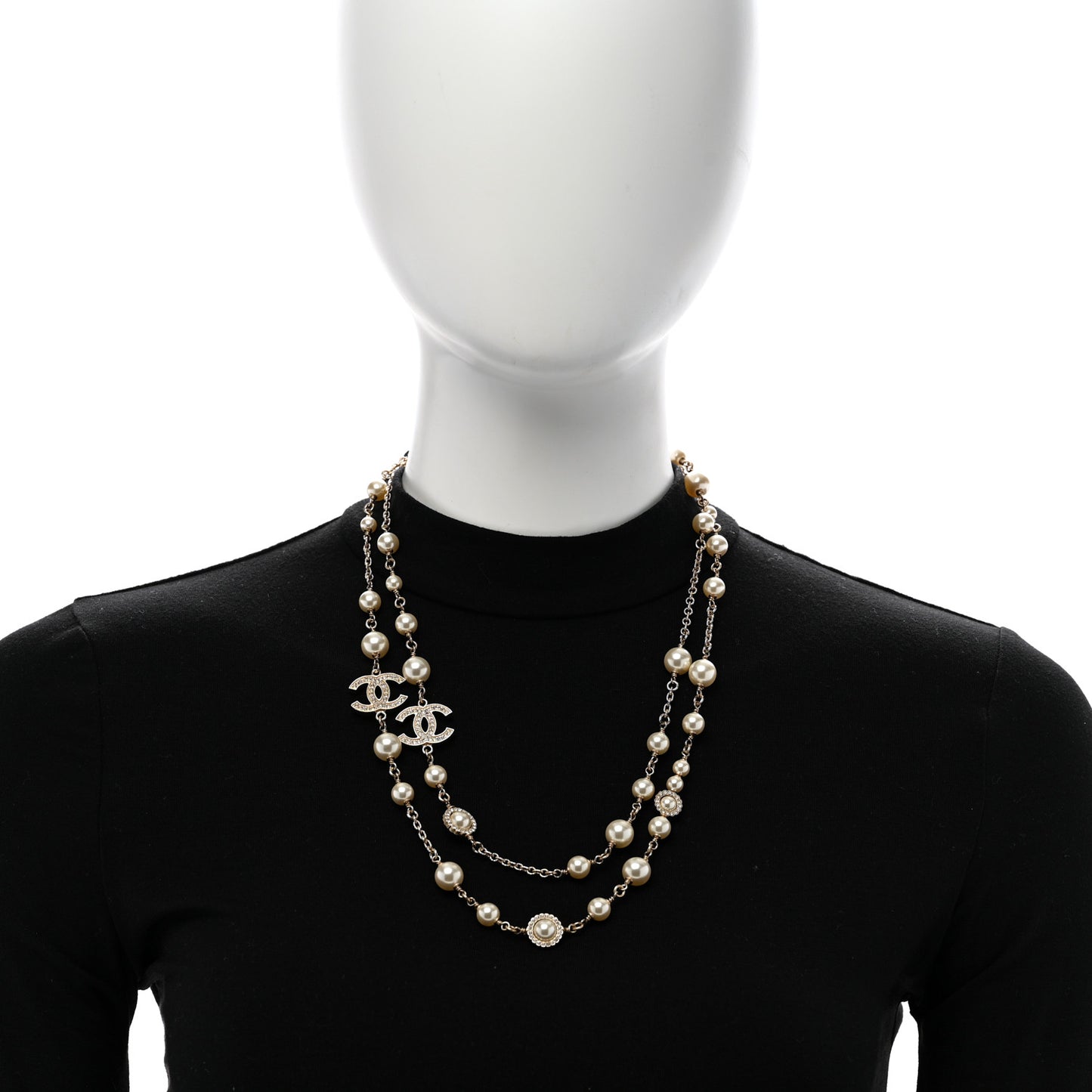 Pearl Crystal CC Long Necklace Gold White