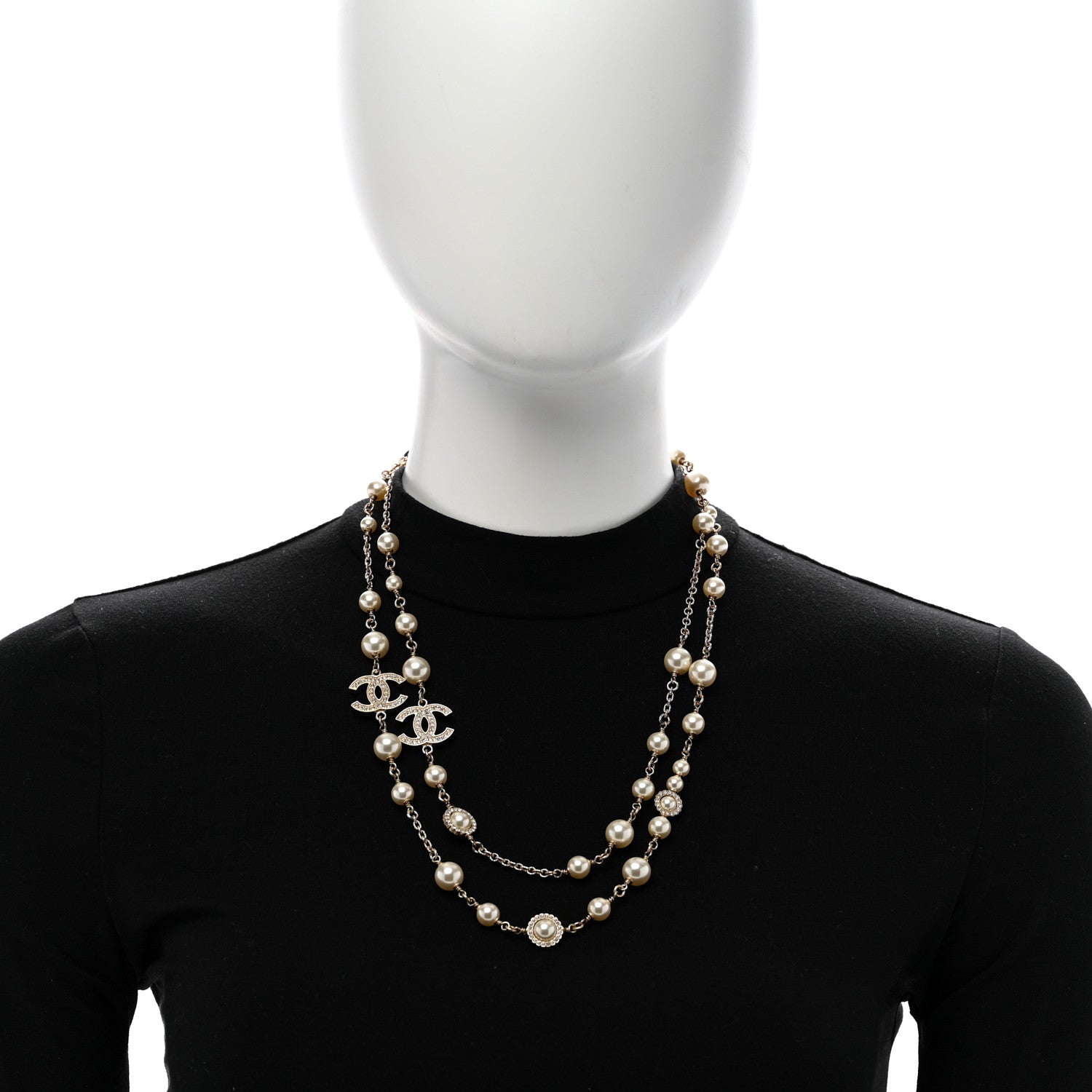 Chanel Pearl Crystal CC Long Necklace Gold White 2 of 5