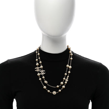 Chanel Pearl Crystal CC Long Necklace Gold White 2 of 5