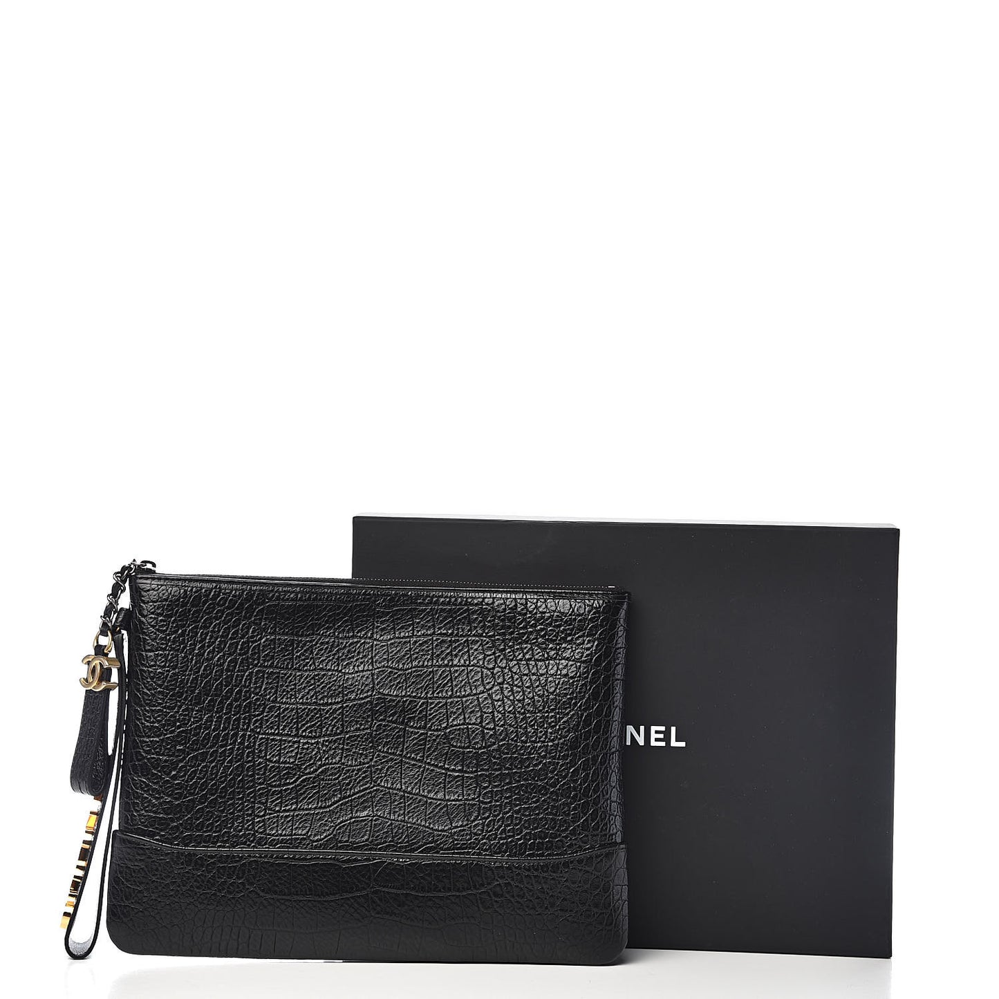 Calfskin Crocodile Embossed Quilted Medium Gabrielle Cosmetic Case Black