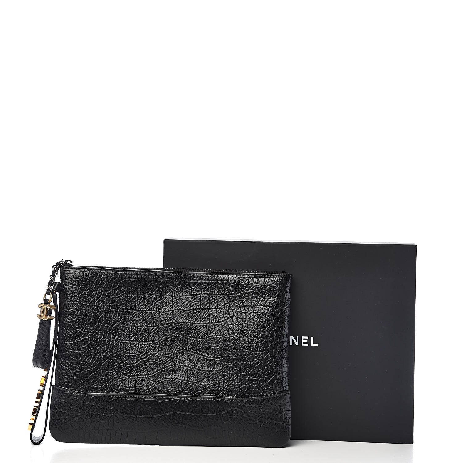 Chanel Calfskin Crocodile Embossed Quilted Medium Gabrielle Cosmetic Case Black 8 of 8