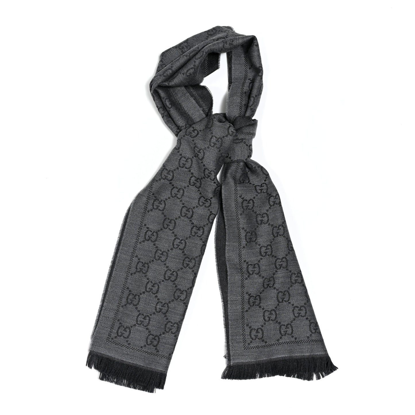 Wool Silk Monogram Fringe Shawl Grey