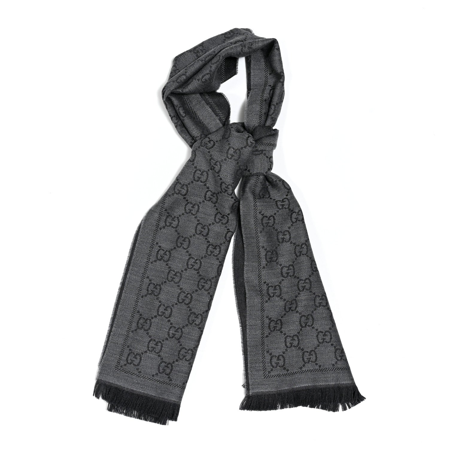 Gucci Wool Silk Monogram Fringe Shawl Grey 1 of 3