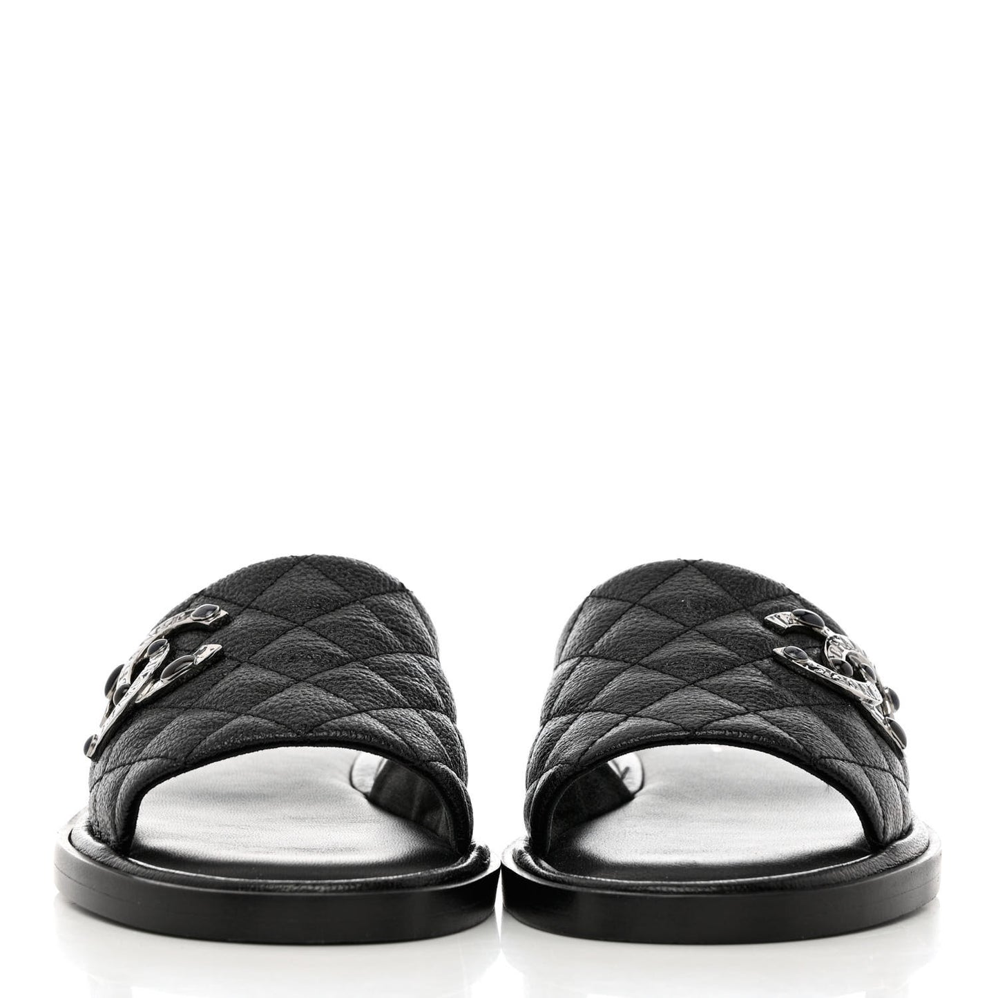 Shiny Goatskin Quilted CC Mules Sandals 38.5 Black