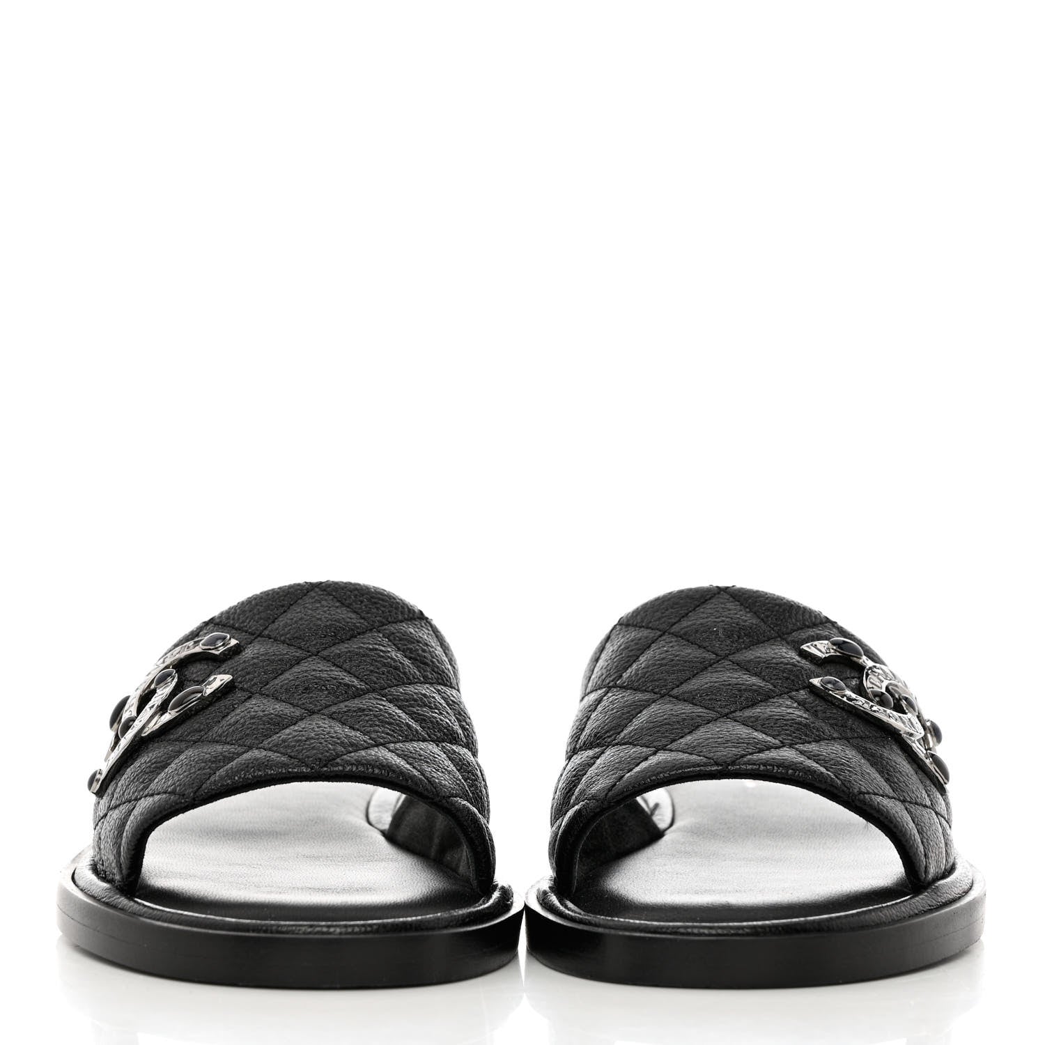 Chanel Shiny Goatskin Quilted CC Mules Sandals 38.5 Black 2 of 10