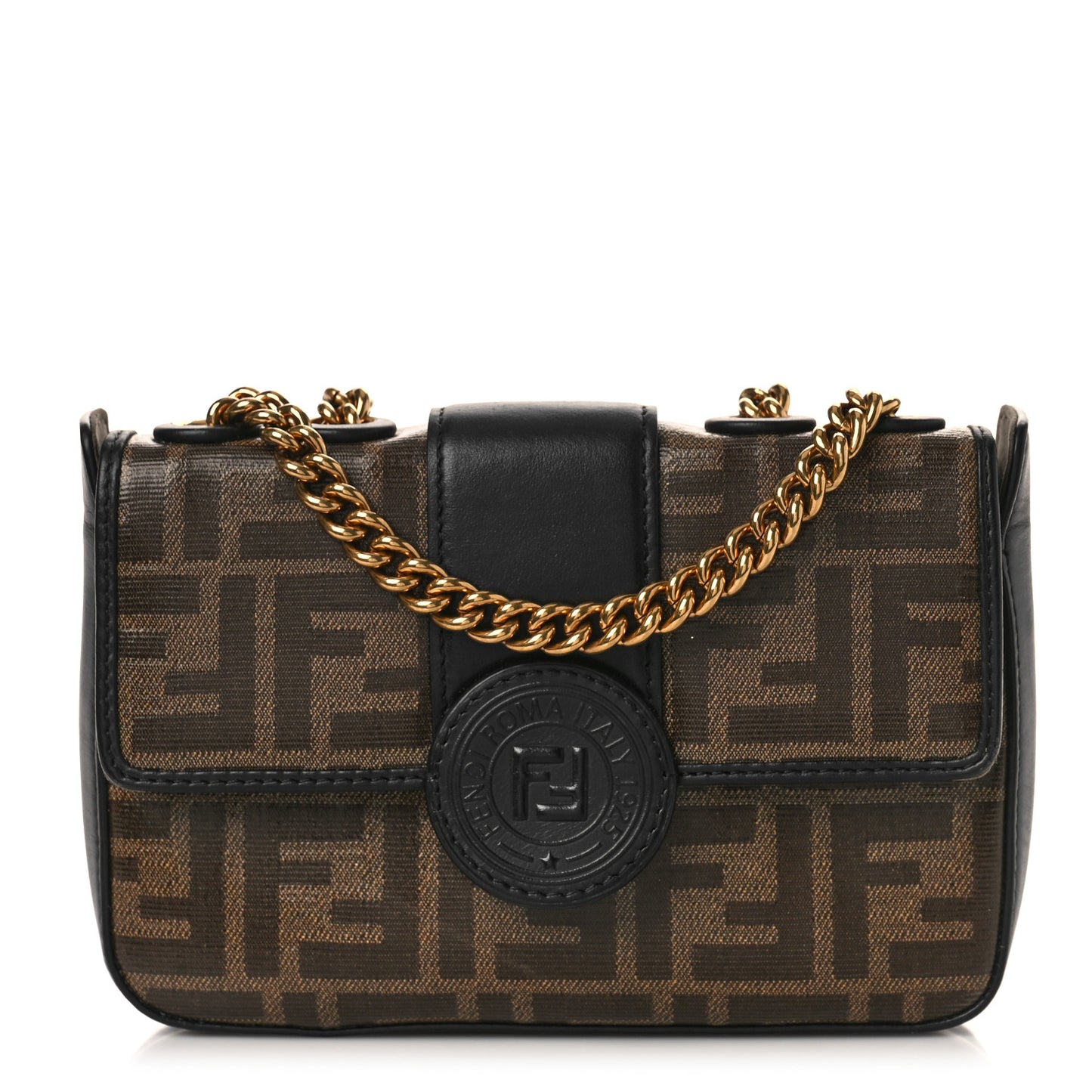 Glazed Fabric Vitello Century FF 1974 Stamp Patch Mini Double F Crossbody Bag Mogano Panna Black
