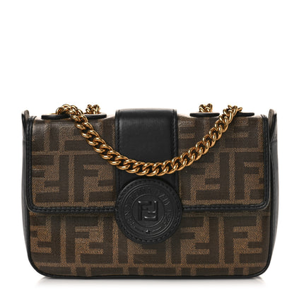 Fendi Glazed Fabric Vitello Century FF 1974 Stamp Patch Mini Double F Crossbody Bag Mogano Panna Black 1 of 9