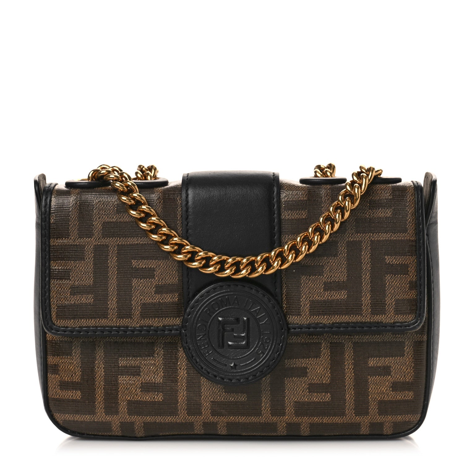 Fendi Glazed Fabric Vitello Century FF 1974 Stamp Patch Mini Double F Crossbody Bag Mogano Panna Black 1 of 9