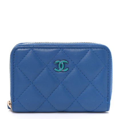 Chanel Lambskin Quilted Zip Around Coin Purse Wallet Blue Pink 1 of 8