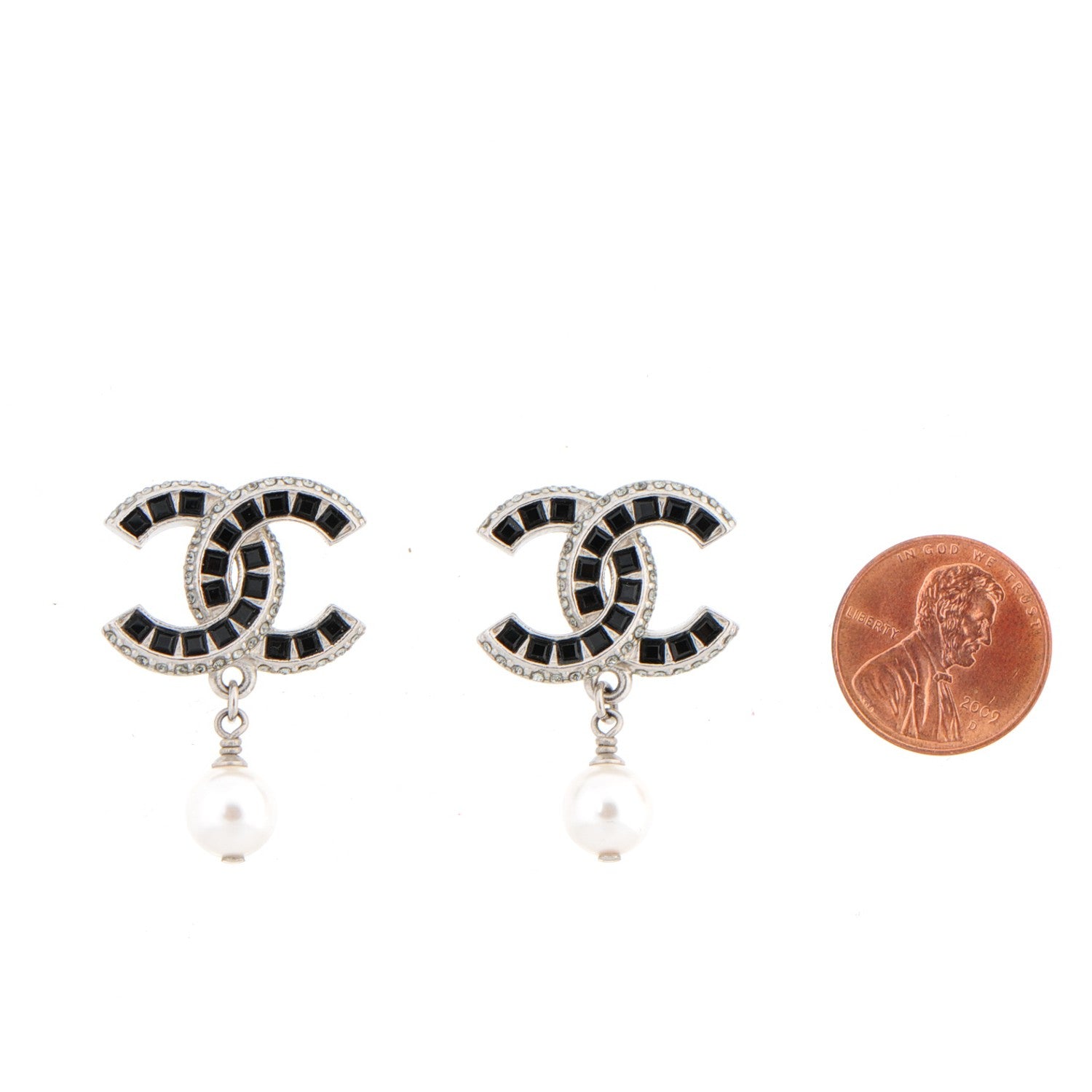 Chanel Baguette Crystal Pearl CC Drop Earrings Silver Black 2 of 5