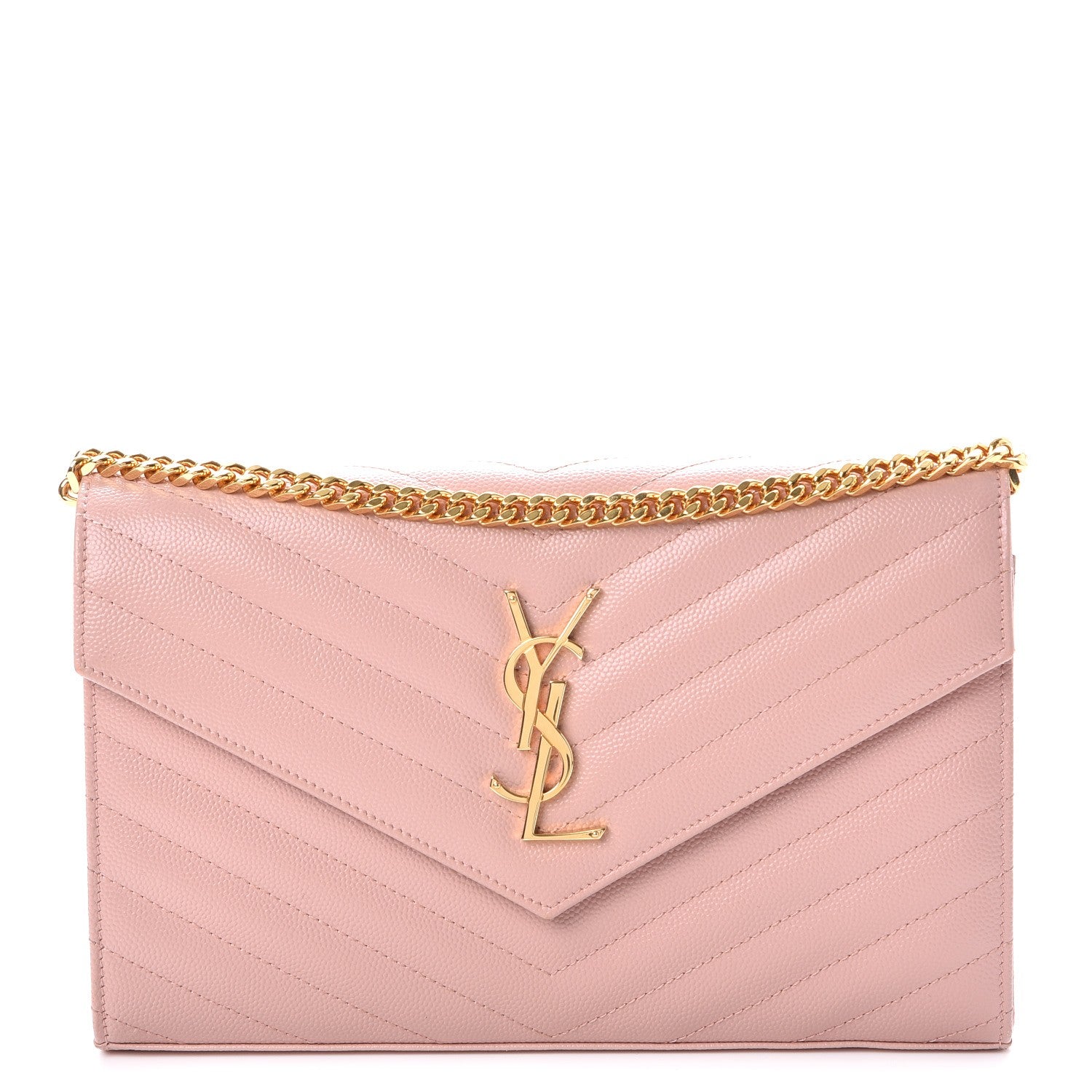 Saint Laurent Grain De Poudre Matelasse Chevron Monogram Chain Wallet Pale Pink 1 of 9