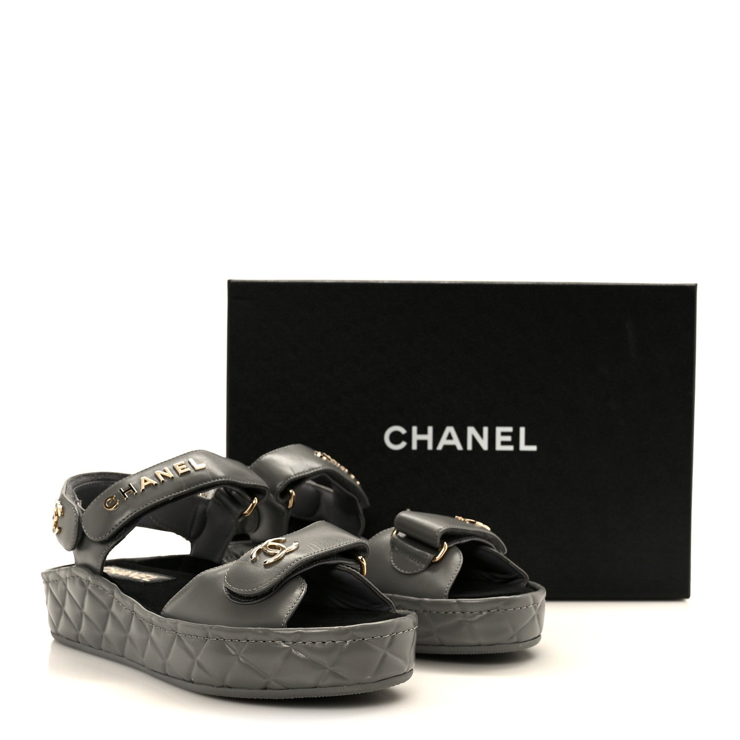 Chanel Shiny Calfskin Logo Platform Sandals 36 Grey 1848958