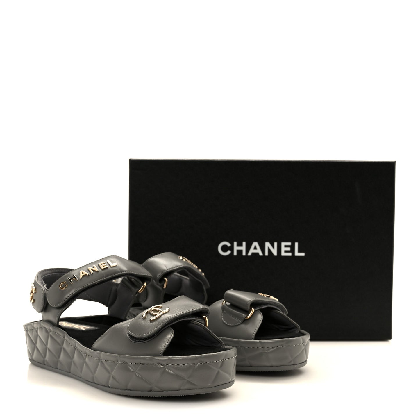 Shiny Calfskin Logo Platform Sandals 36 Grey