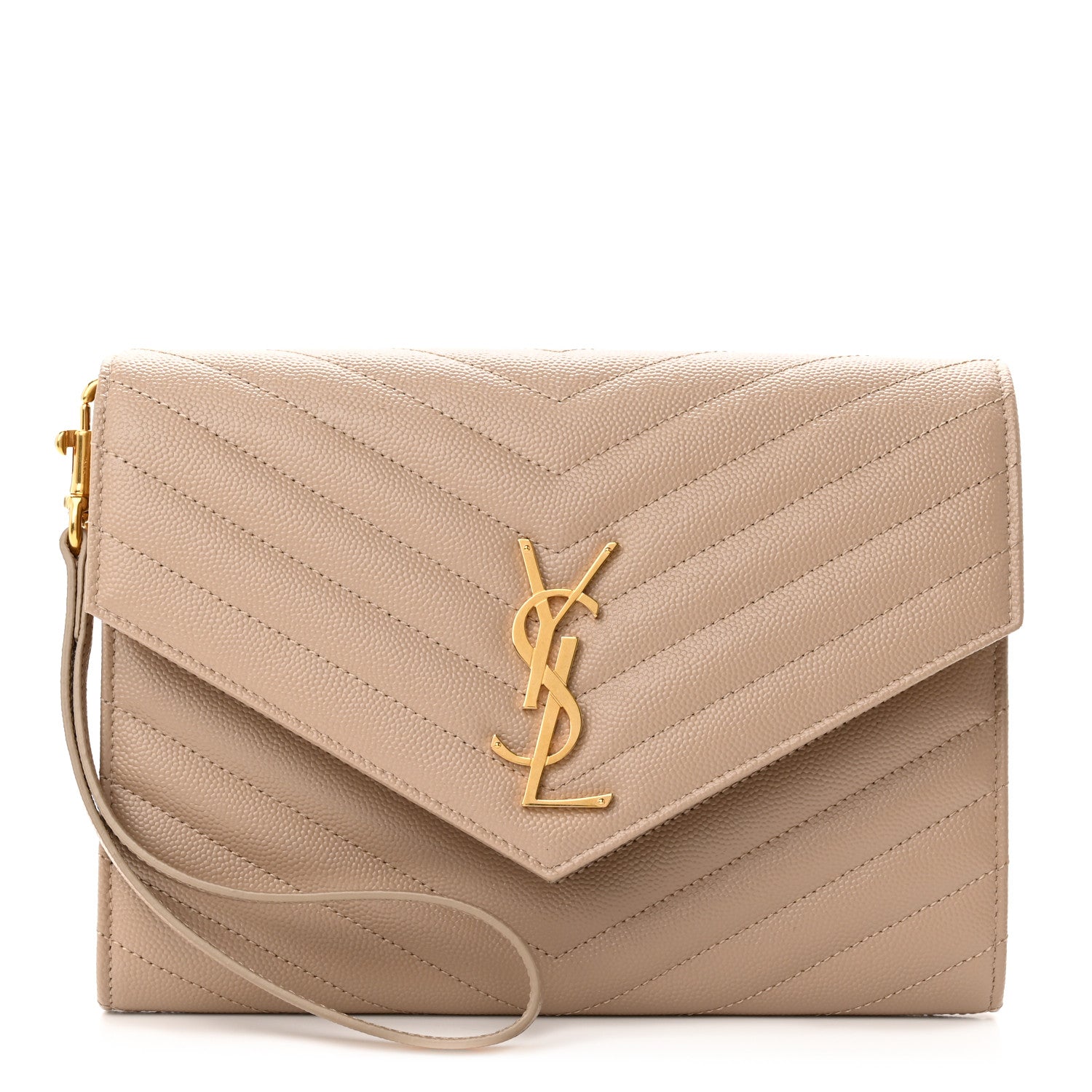 Saint Laurent Grain De Poudre Matelasse Chevron Monogram Envelope Clutch Dark Beige 1 of 10
