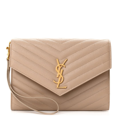 Saint Laurent Grain De Poudre Matelasse Chevron Monogram Envelope Clutch Dark Beige 1 of 10