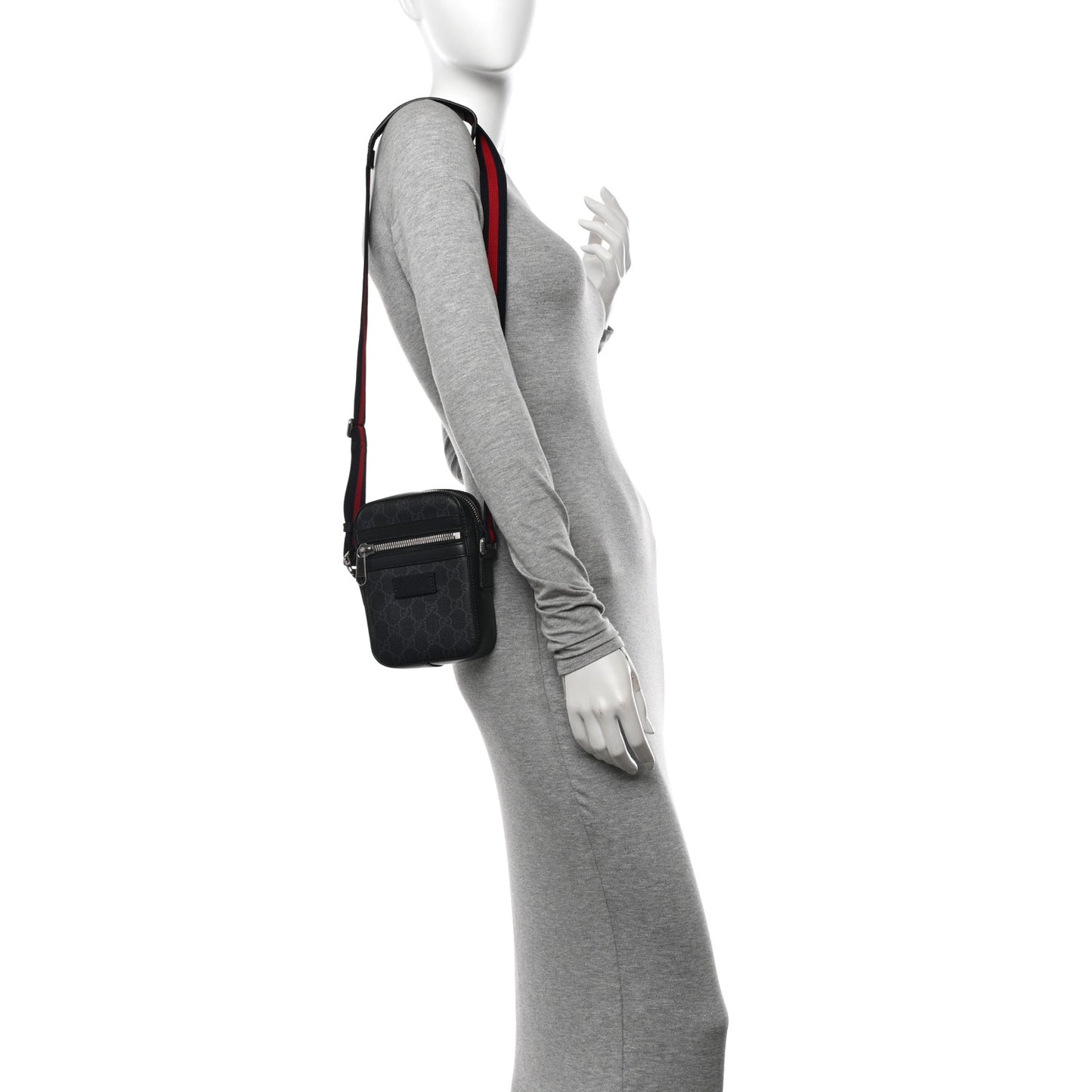 GG Supreme Monogram Appia Calfskin Web Small Camera Messenger Bag Black Grey Black Grey