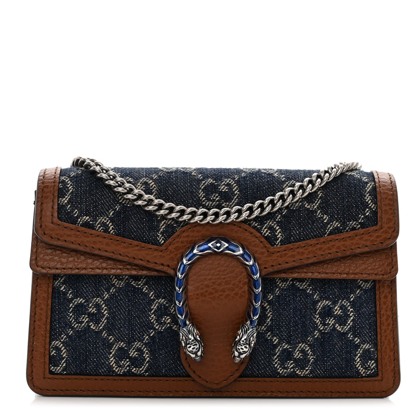 New Denim GG Monogram Dollar Calfskin Enamel Super Mini Dionysus Shoulder Bag Blue Tea Cuir Epilog Electric Blue