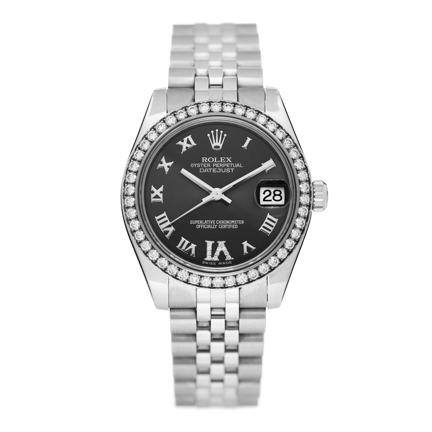 Stainless Steel 18K White Gold Diamond 31mm Oyster Perpetual Datejust Watch Black Roman 178384