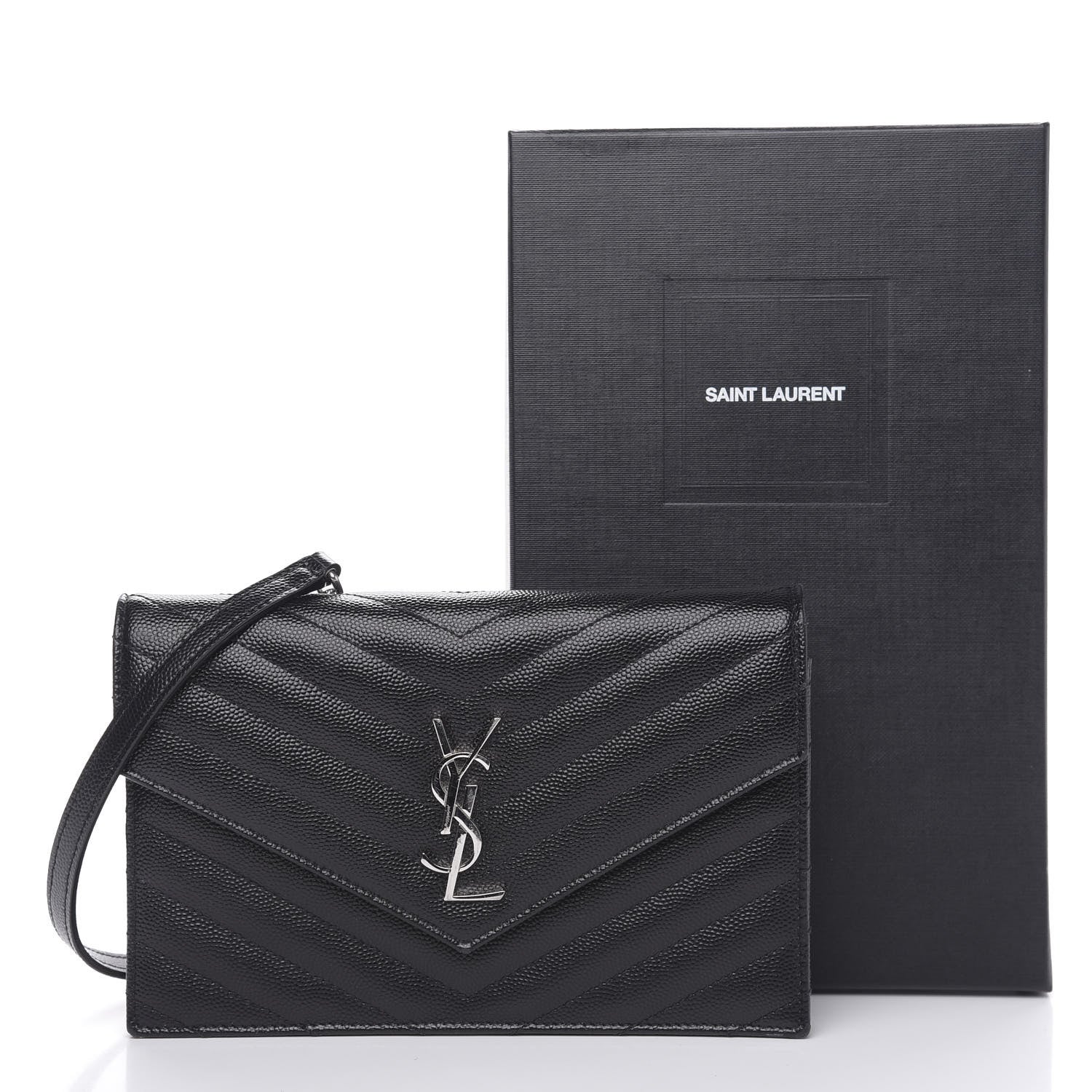 Saint Laurent Grain De Poudre Matelasse Chevron Monogram Envelope Chain Wallet Black 9 of 10