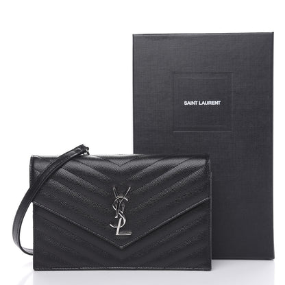 Saint Laurent Grain De Poudre Matelasse Chevron Monogram Envelope Chain Wallet Black 9 of 10