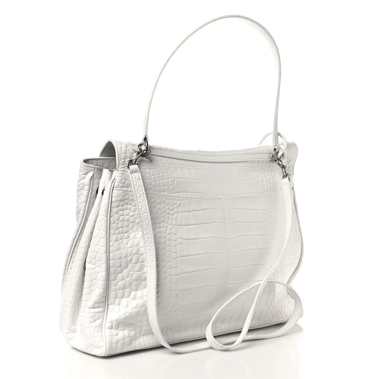 Shiny Calfskin Crocodile Embossed Large Rodeo Top Handle Handbag White