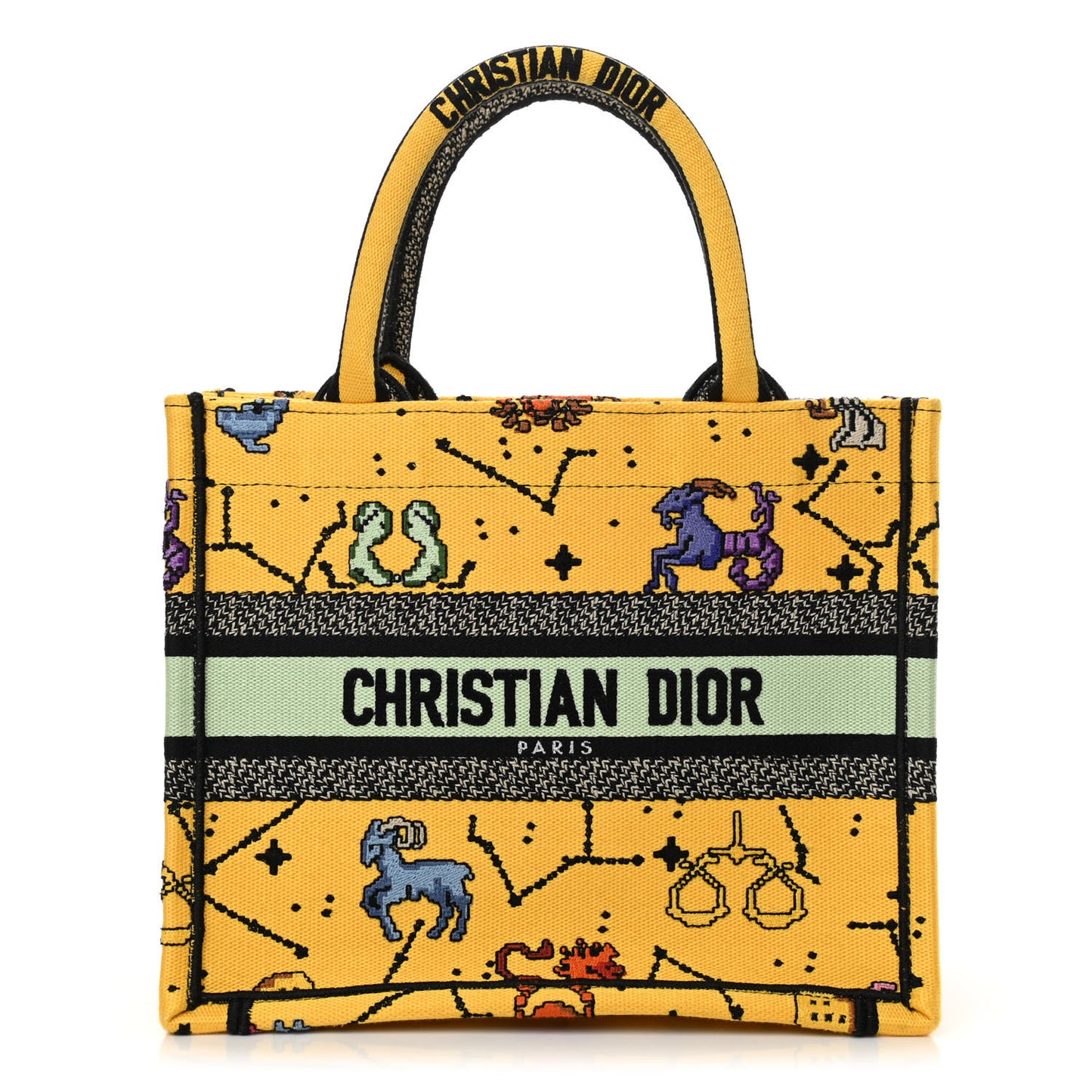 Canvas Embroidered Small Pixel Zodiac Book Tote Yellow Multicolor