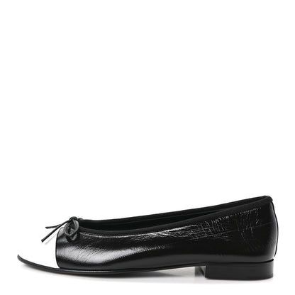 Chanel Crumpled Shiny Lambskin CC Cap Toe Ballerina Flats 37 Black White 1 of 10