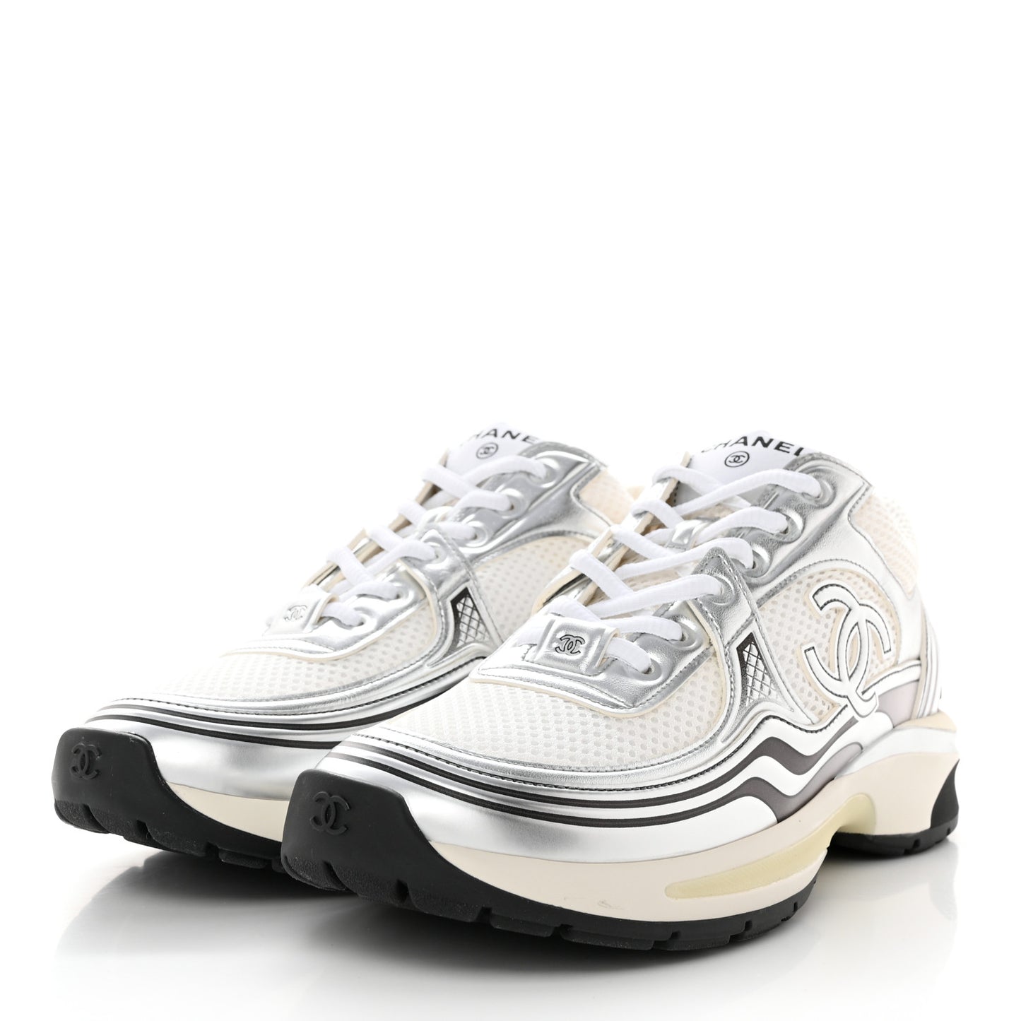 Fabric Laminated Calfskin Stretch CC Sneakers 39 White Silver
