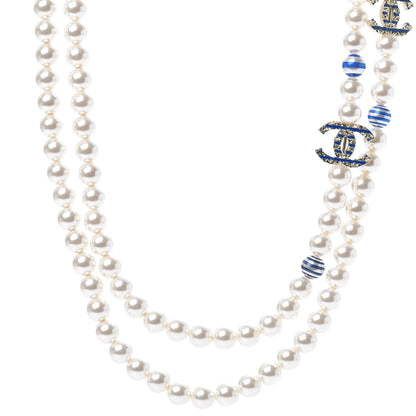 Chanel Resin Pearl Striped CC Long Necklace Blue Gold 1 of 5