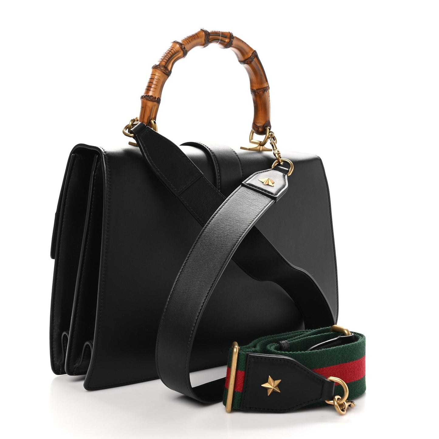 Calfskin Bamboo Web Large Dionysus Top Handle Bag Black Bright Evergreen Hibiscus Red
